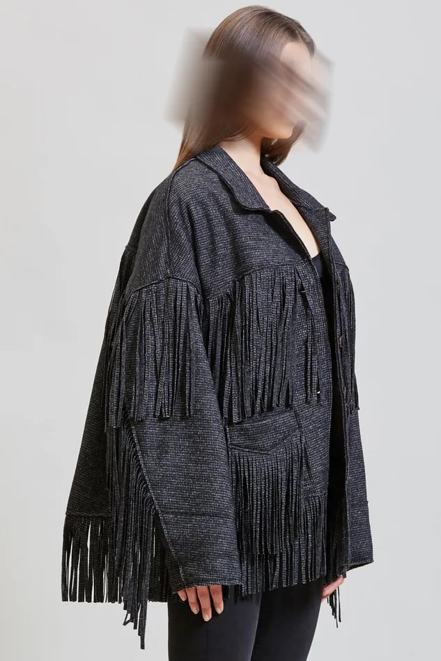 R13 Jackets and Coats Women Crockett Fringe Jacket 8211 Grey Houndstooth