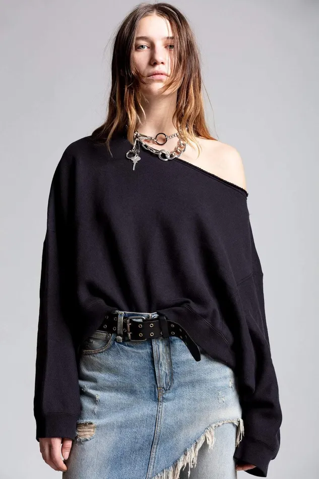 R13 Sweatshirts Women Off Shoulder Patti Sweatshirt 8211 Washed Black R13 Sweatshirts Women Off Shoulder Patti Sweatshirt 8211 Washed Black