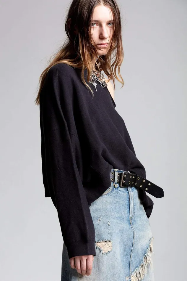 R13 Sweatshirts Women Off Shoulder Patti Sweatshirt 8211 Washed Black R13 Sweatshirts Women Off Shoulder Patti Sweatshirt 8211 Washed Black