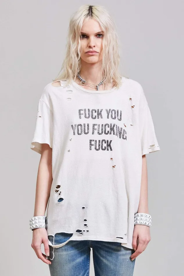 R13 TShirts Women FU Ripped Boy TShirt 8211 Ecru