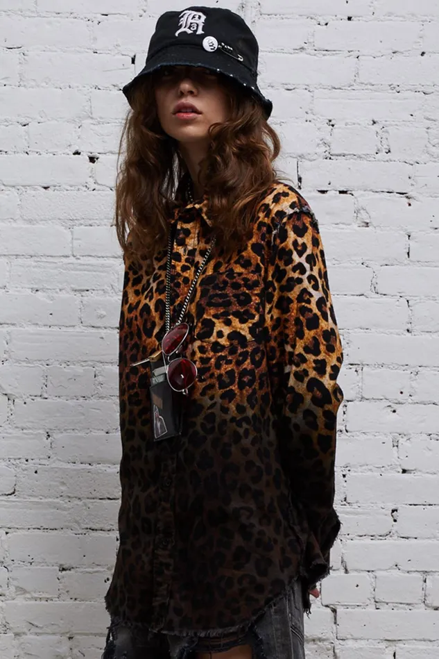 R13 Tops Women Shredded Seam Shirt 8211 DipDye Leopard