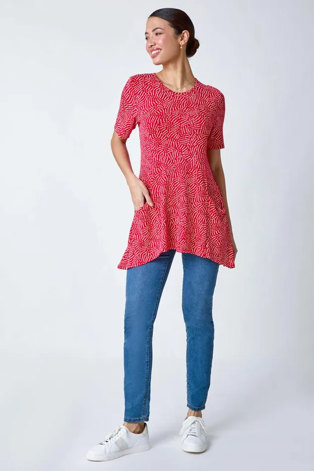 Red Abstract Print Pocket Tunic Top Women Roman Tops