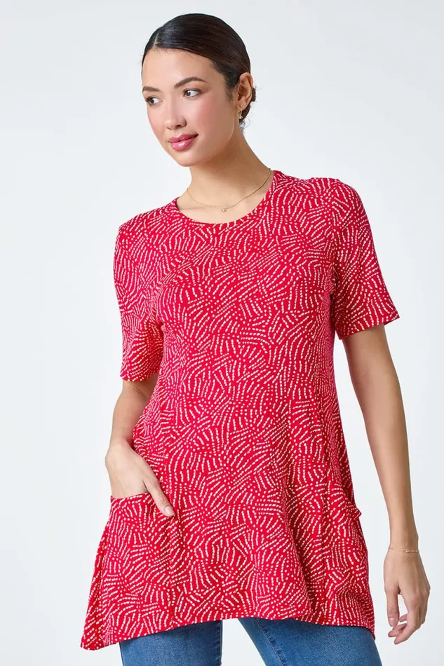 Red Abstract Print Pocket Tunic Top Women Roman Tops