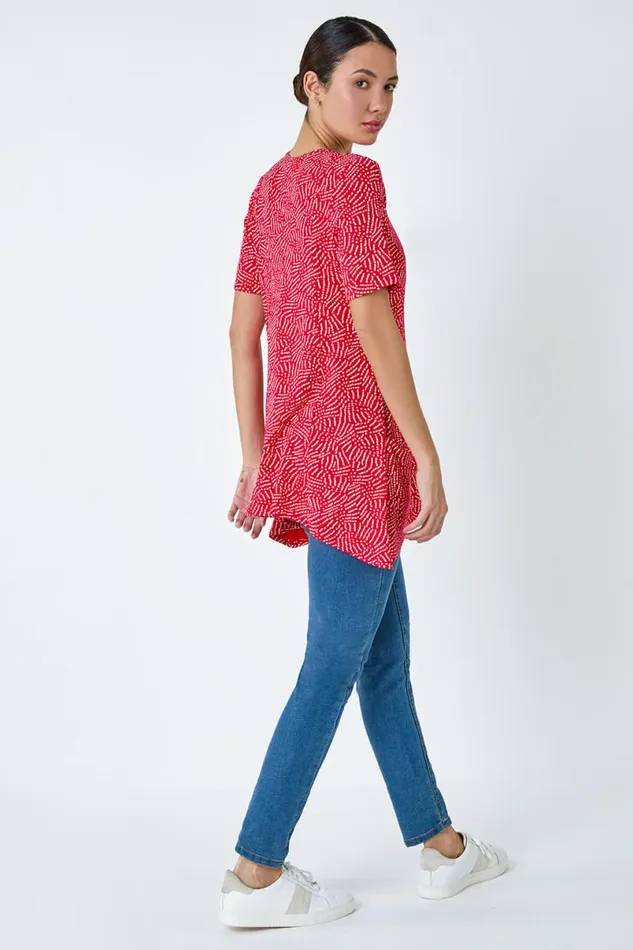 Red Abstract Print Pocket Tunic Top Women Roman Tops