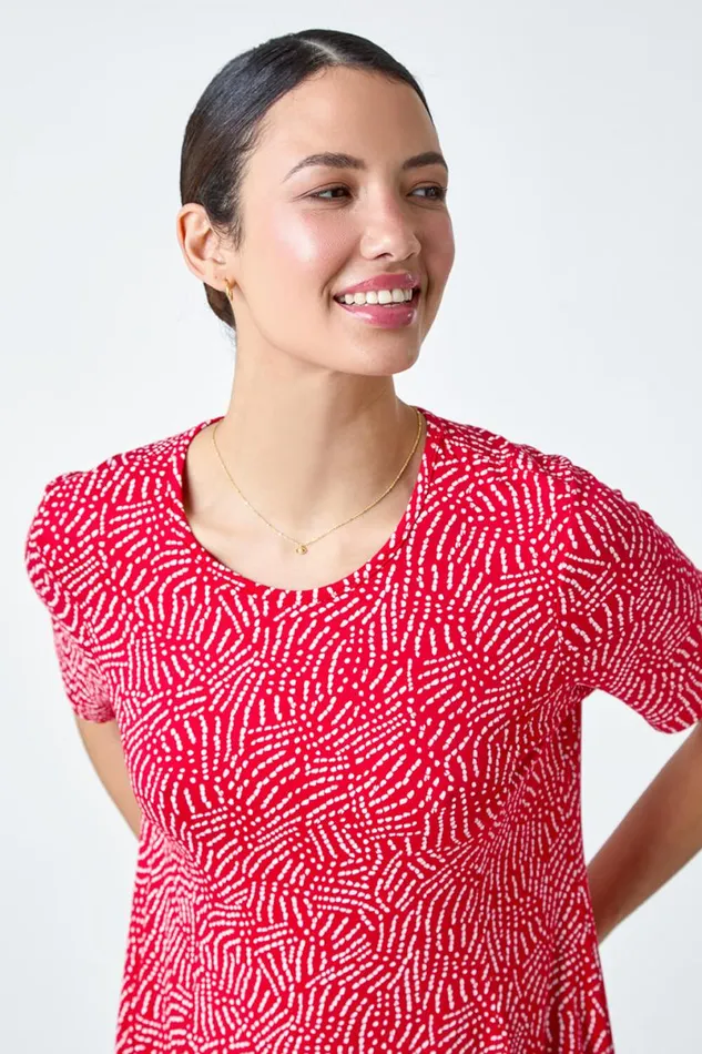 Red Abstract Print Pocket Tunic Top Women Roman Tops