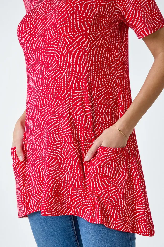 Red Abstract Print Pocket Tunic Top Women Roman Tops