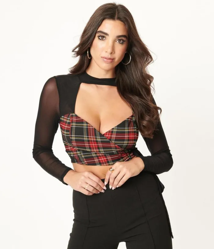 Red and Black Plaid Wrap Crop Top Clothing Unique Vintage Blouses
