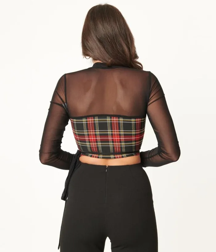 Red and Black Plaid Wrap Crop Top Clothing Unique Vintage Blouses