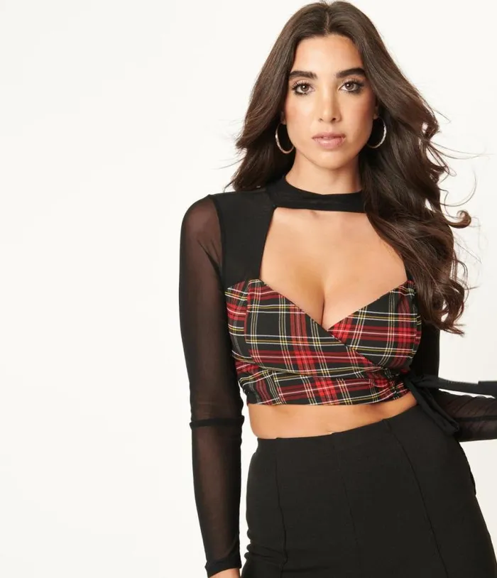 Red and Black Plaid Wrap Crop Top Clothing Unique Vintage Blouses