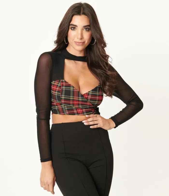 Red and Black Plaid Wrap Crop Top Clothing Unique Vintage Blouses