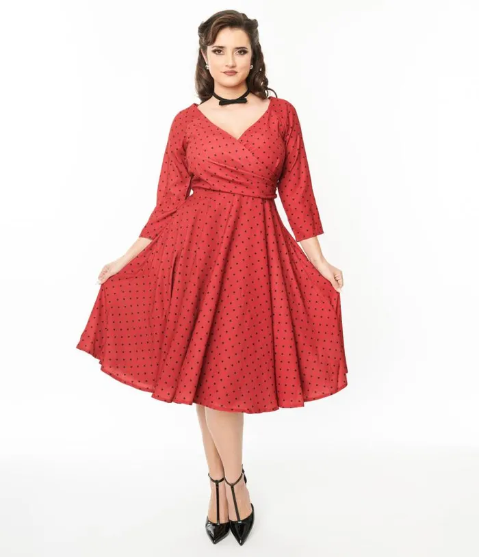 Red and Black Polka Dot Genevieve Swing Dress Dresses Unique Vintage Swing