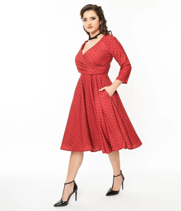 Red and Black Polka Dot Genevieve Swing Dress Dresses Unique Vintage Swing