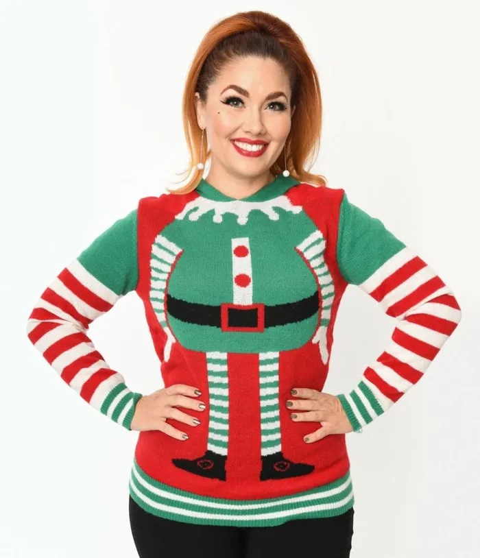 Red and Green Elf Hooded Holiday Sweater ClothingPlus Unique Vintage Sweaters and Cardigans Red and Green Elf Hooded Holiday Sweater ClothingPlus Unique Vintage Sweaters and Cardigans