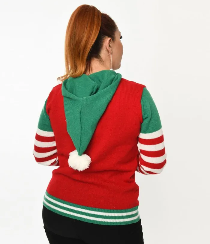 Red and Green Elf Hooded Holiday Sweater ClothingPlus Unique Vintage Sweaters and Cardigans