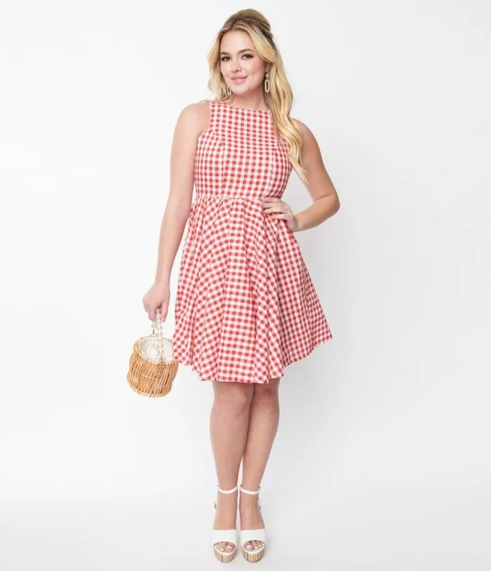 Red and White Gingham Swing Dress Dresses Unique Vintage Swing