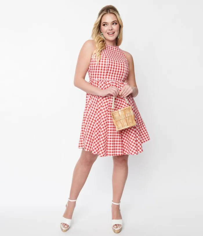 Red and White Gingham Swing Dress Dresses Unique Vintage Swing