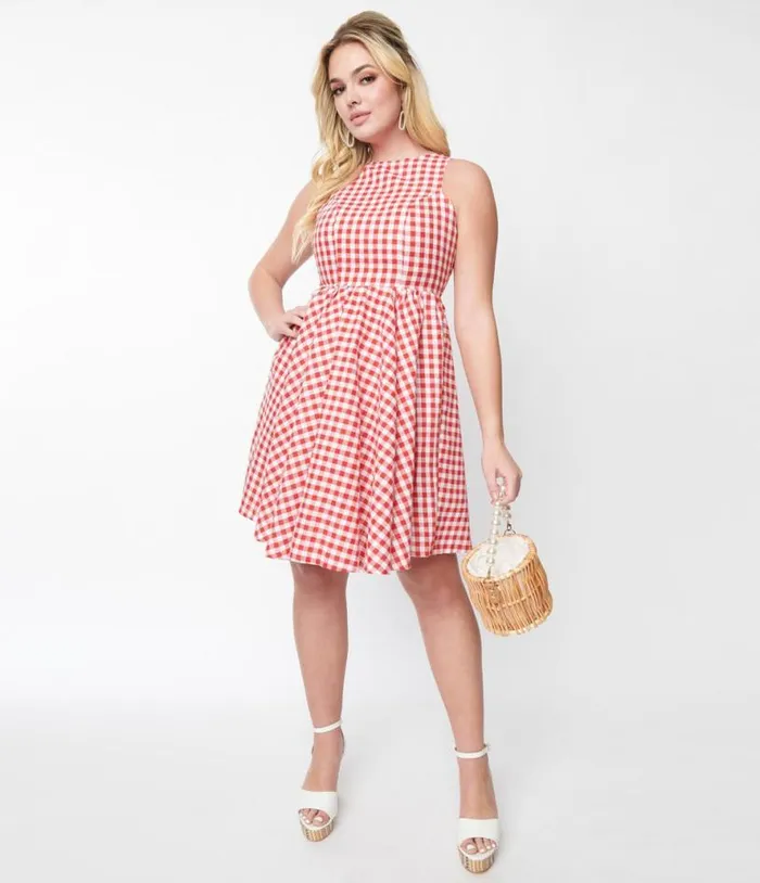 Red and White Gingham Swing Dress Dresses Unique Vintage Swing