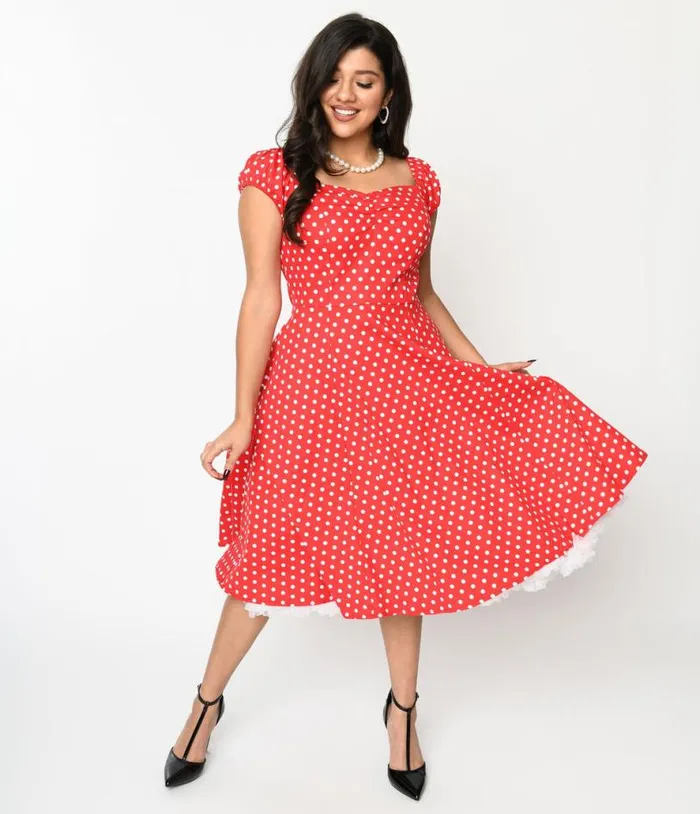 Red and White Polka Dot Sweet Spot Swing Dress DressesPlus Unique Vintage Pocket Dresses