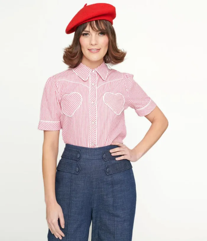 Red and White Stripe Heart Pocket Top Clothing Unique Vintage Blouses