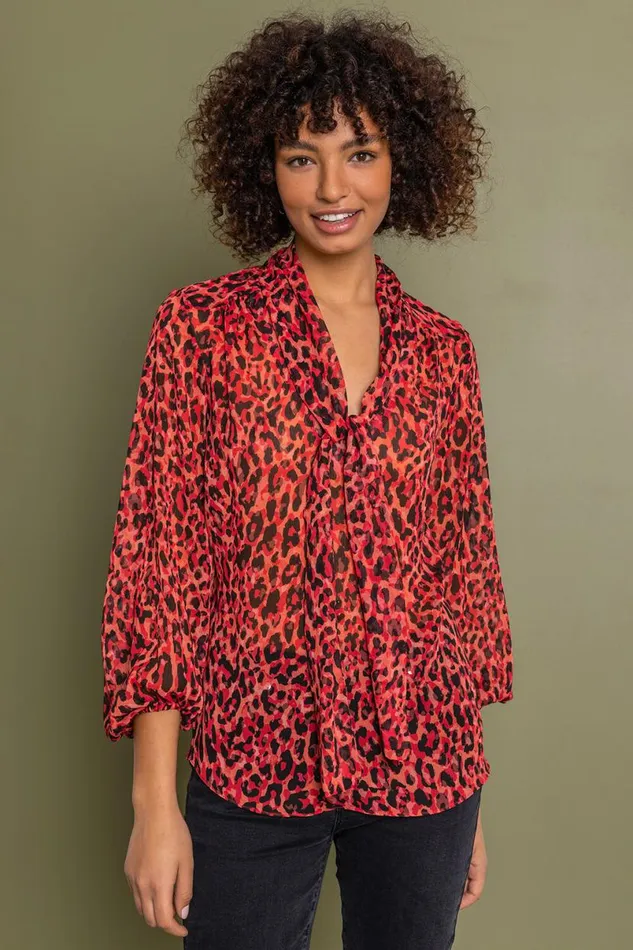Red Animal Tie Detail Chiffon Blouse Women Roman Tops