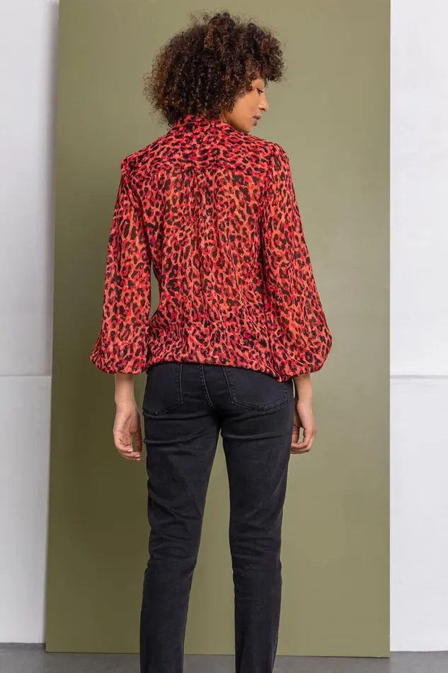 Red Animal Tie Detail Chiffon Blouse Women Roman Tops