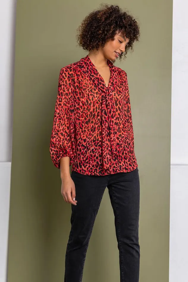 Red Animal Tie Detail Chiffon Blouse Women Roman Tops