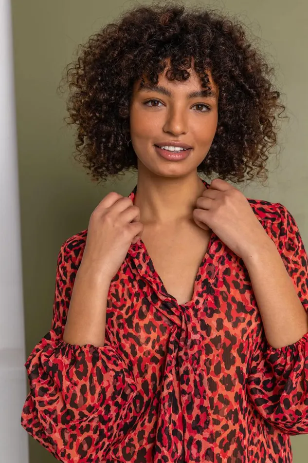 Red Animal Tie Detail Chiffon Blouse Women Roman Tops