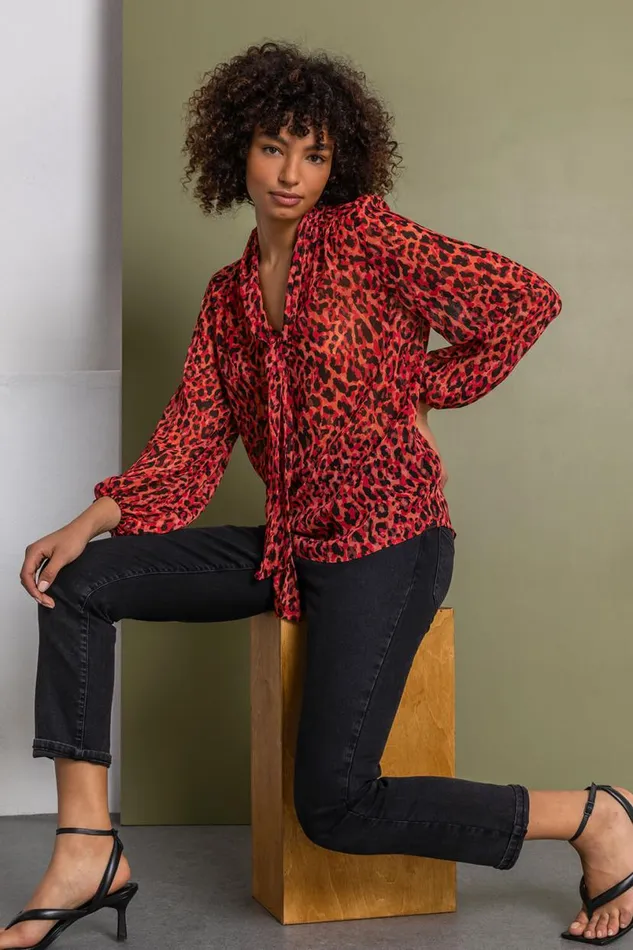 Red Animal Tie Detail Chiffon Blouse Women Roman Tops