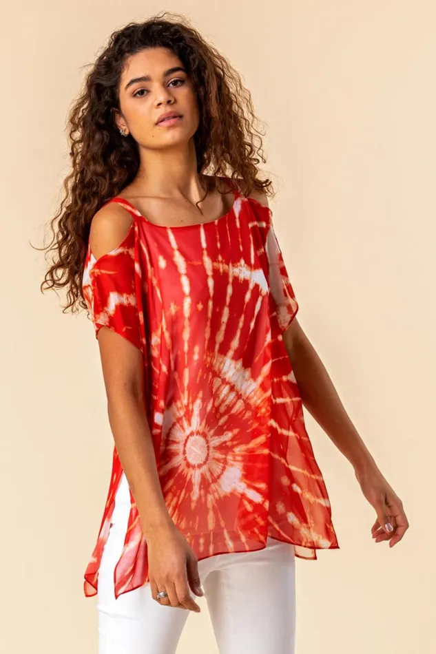 Red Cold Shoulder Tie Dye Print Top Women Roman Tops