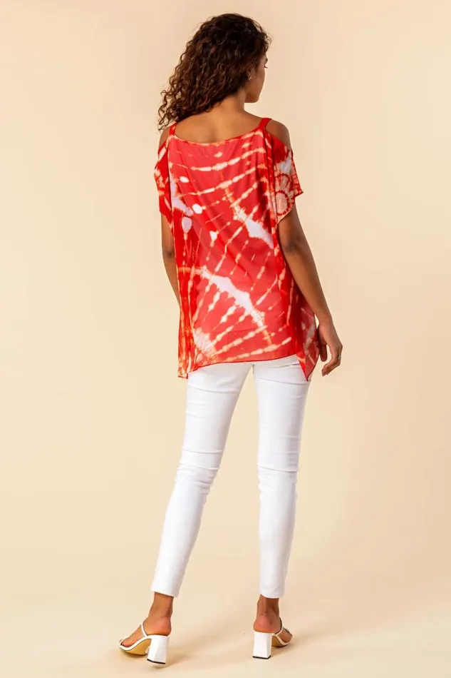 Red Cold Shoulder Tie Dye Print Top Women Roman Tops