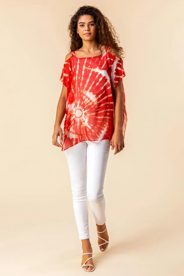 Red Cold Shoulder Tie Dye Print Top Women Roman Tops