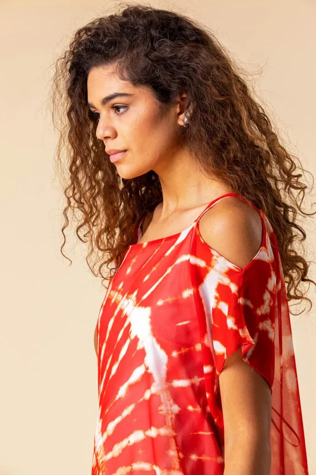Red Cold Shoulder Tie Dye Print Top Women Roman Tops