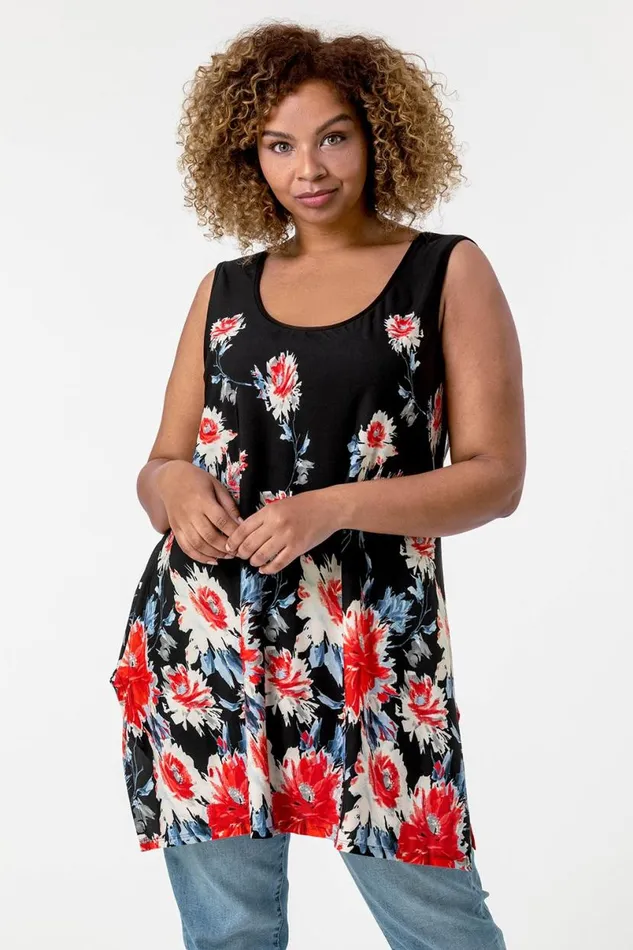 Red Curve Floral Border Asymmetric Tunic Vest Top Women Roman Tops