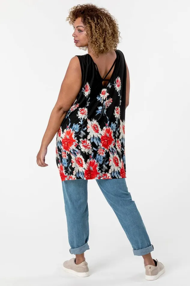 Red Curve Floral Border Asymmetric Tunic Vest Top Women Roman Tops