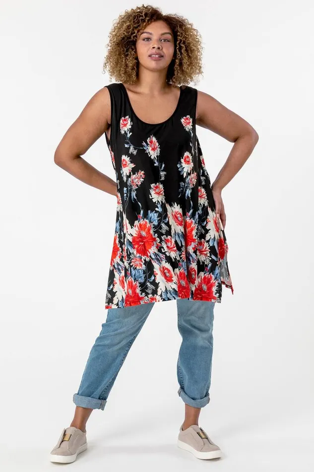 Red Curve Floral Border Asymmetric Tunic Vest Top Women Roman Tops