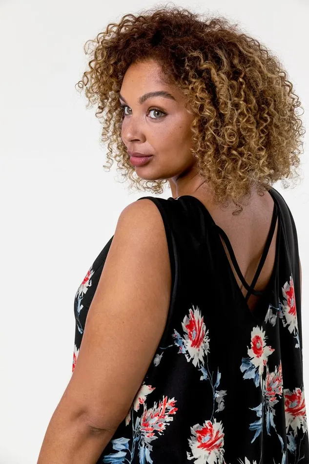 Red Curve Floral Border Asymmetric Tunic Vest Top Women Roman Tops