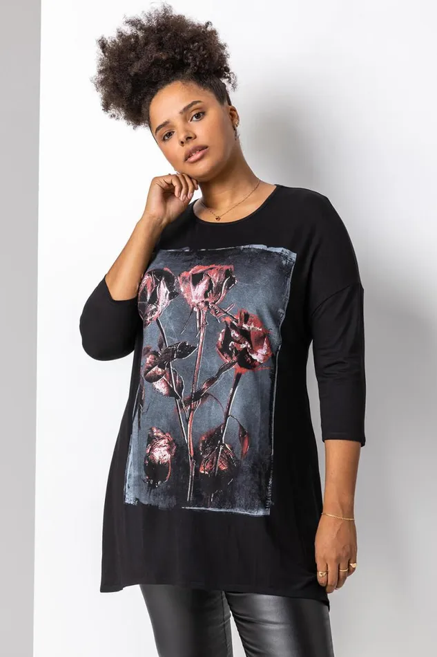 Red Curve Floral Print Tunic Top Women Roman Tops