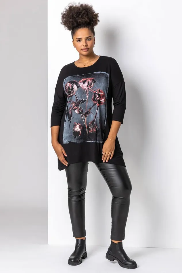 Red Curve Floral Print Tunic Top Women Roman Tops