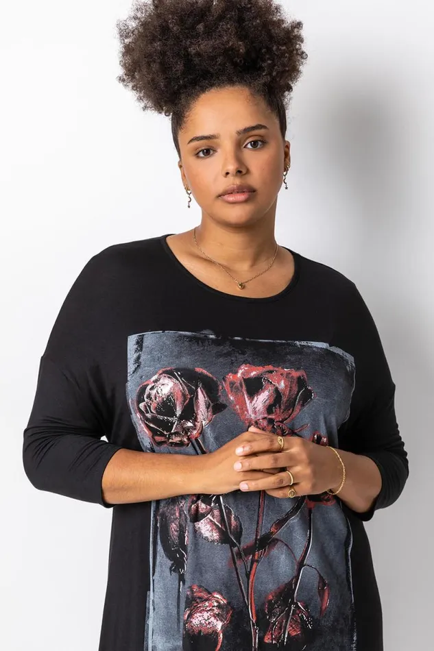 Red Curve Floral Print Tunic Top Women Roman Tops