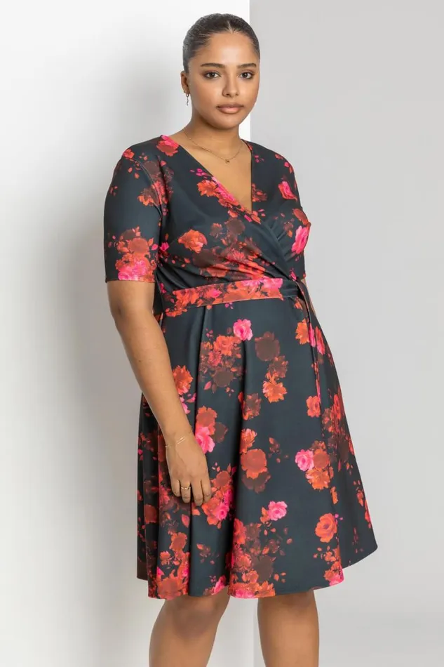 Red Curve Floral Print Wrap Dress Women Roman Dresses