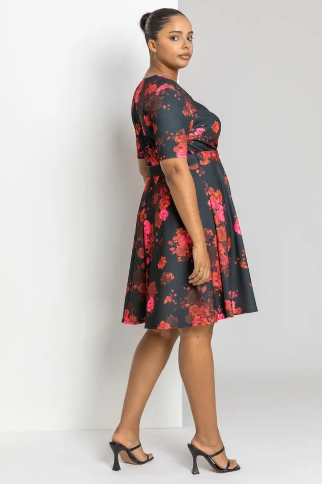 Red Curve Floral Print Wrap Dress Women Roman Dresses