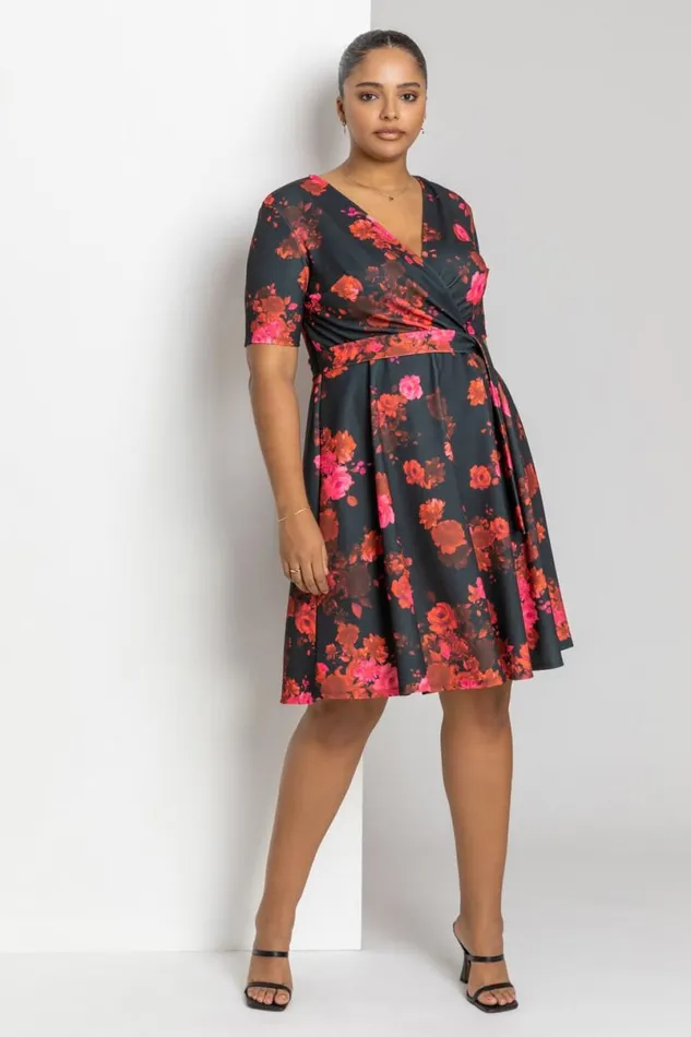 Red Curve Floral Print Wrap Dress Women Roman Dresses