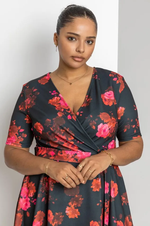 Red Curve Floral Print Wrap Dress Women Roman Dresses