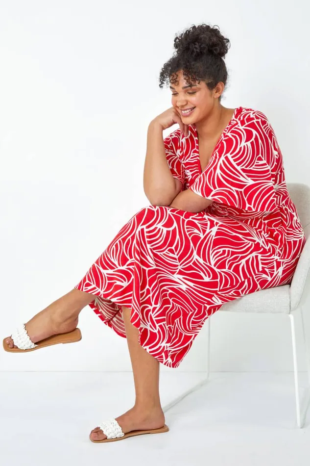 Red Curve Linear Print Midi Wrap Dress Women Roman Dresses