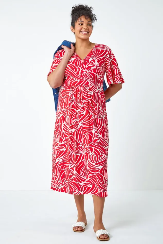 Red Curve Linear Print Midi Wrap Dress Women Roman Dresses
