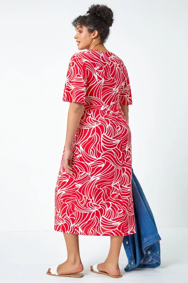 Red Curve Linear Print Midi Wrap Dress Women Roman Dresses