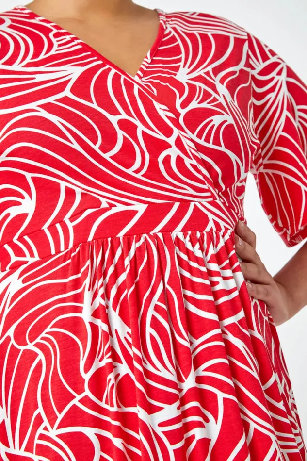 Red Curve Linear Print Midi Wrap Dress Women Roman Dresses