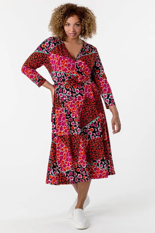 Red Curve Patchwork Floral Print Wrap Dress Women Roman Dresses