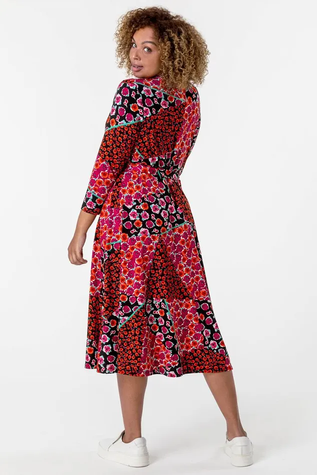 Red Curve Patchwork Floral Print Wrap Dress Women Roman Dresses