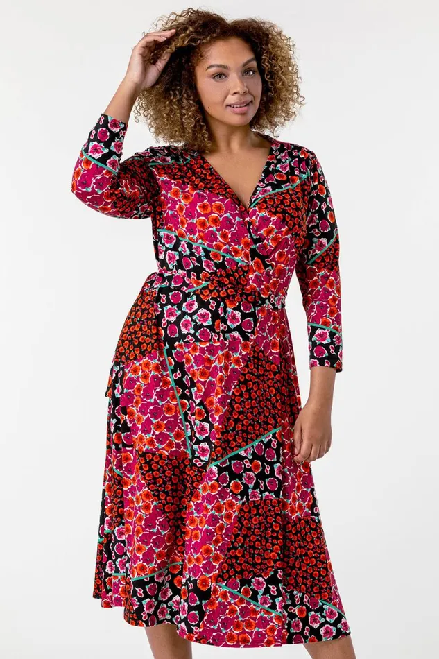 Red Curve Patchwork Floral Print Wrap Dress Women Roman Dresses